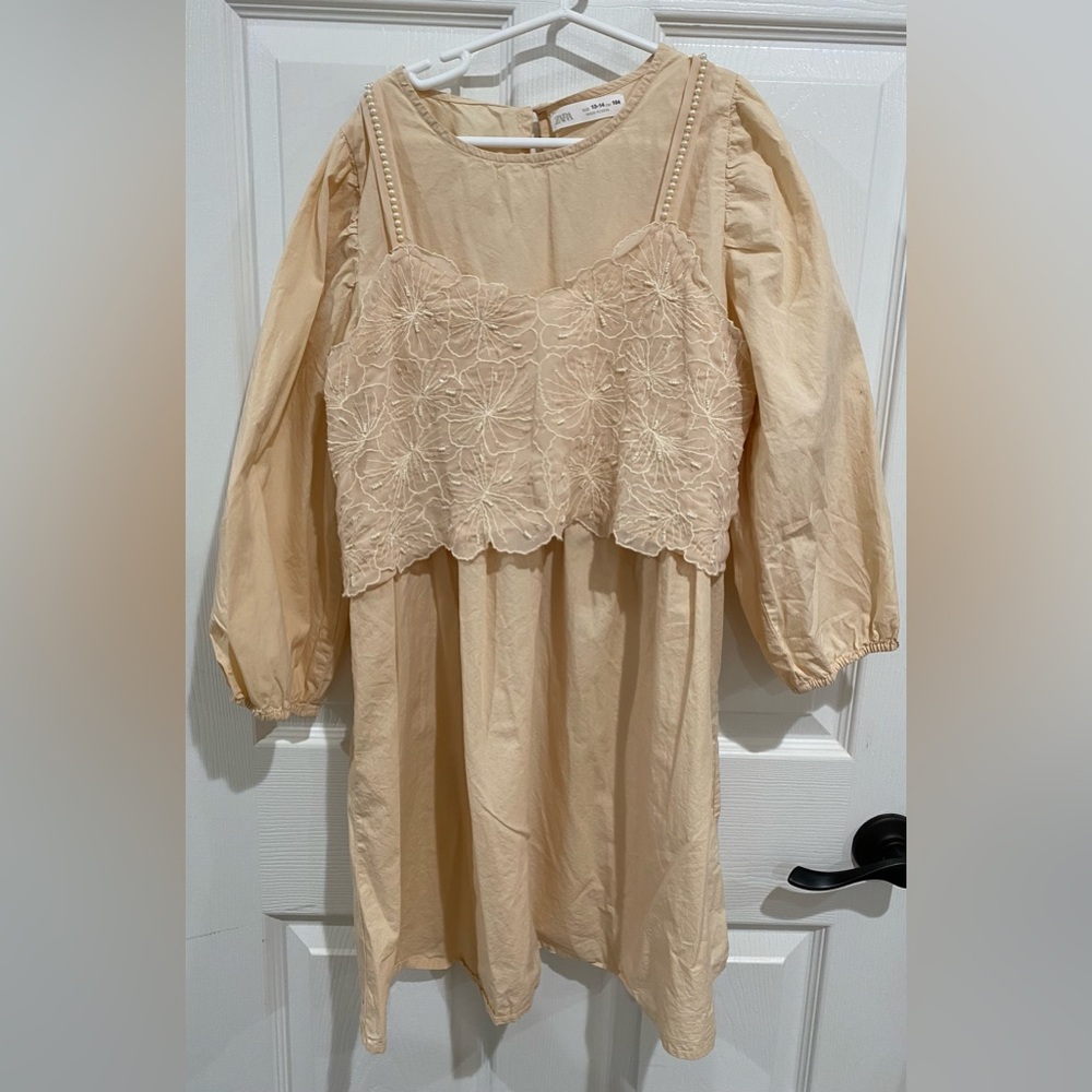 ZARA Kids Beige Pink Jewel Top Poplin Dress Size 13-14